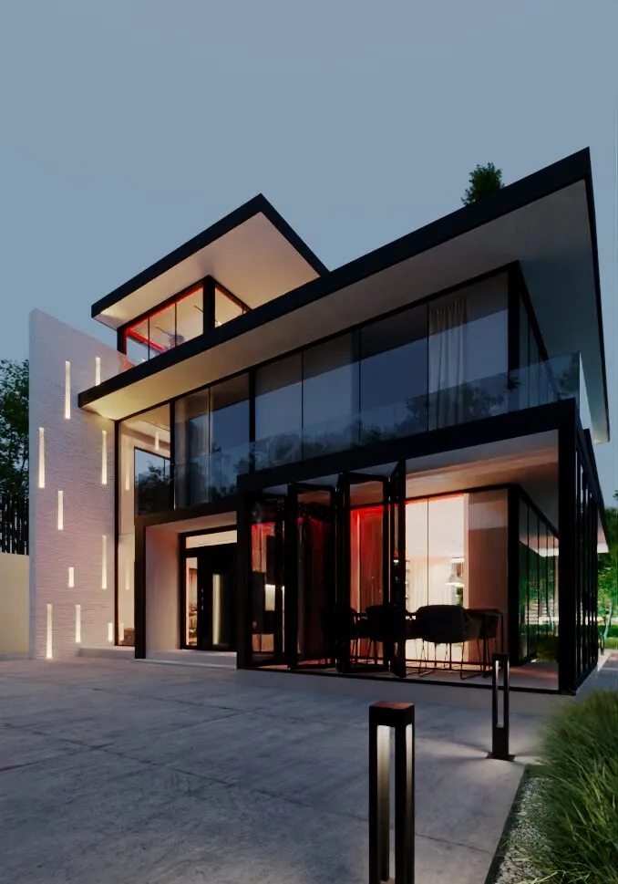 Villa 92 at dusk — white rendered walls with vertical light slots, black-framed glazing and floating roof planes.