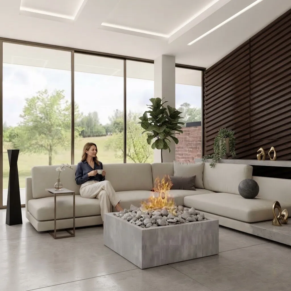 Living room with a cream sectional around a concrete fire table, floor-to-ceiling glazing and timber slat walls.
