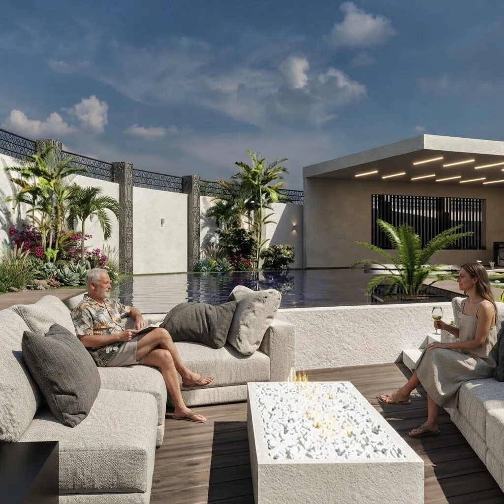 Outdoor lounge with white sofas around a fire table, tropical planting and a covered pavilion.