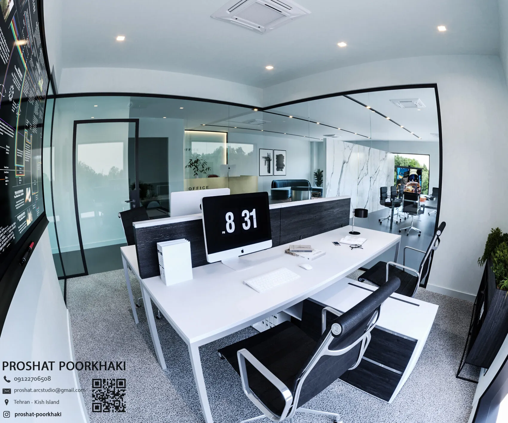 Wide-angle view of white workstations behind a frameless glass partition.