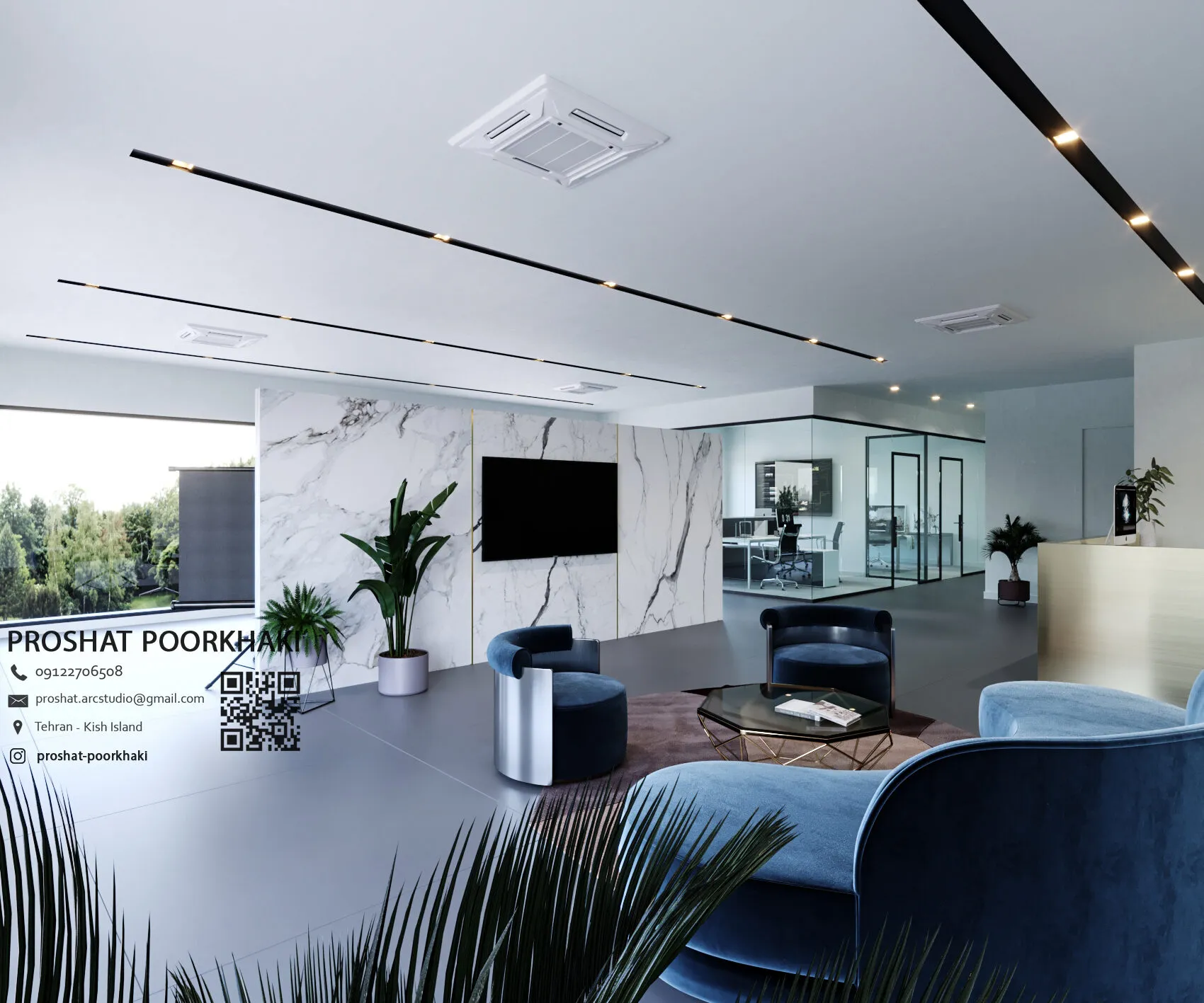 Open office lounge with blue velvet seating, a marble feature wall and black linear ceiling lights.