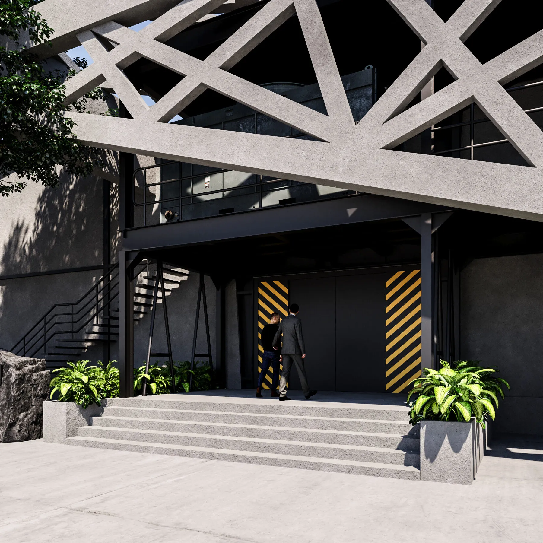 Wide entrance steps beneath the lattice, flanked by planters and hazard-striped columns.