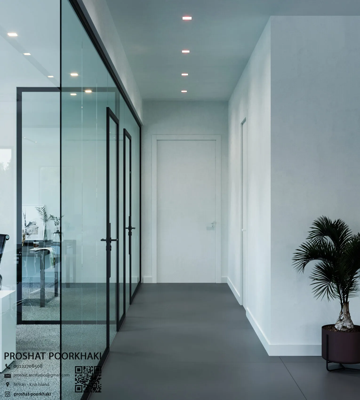 Corridor lined with full-height glass partitions and a potted palm.
