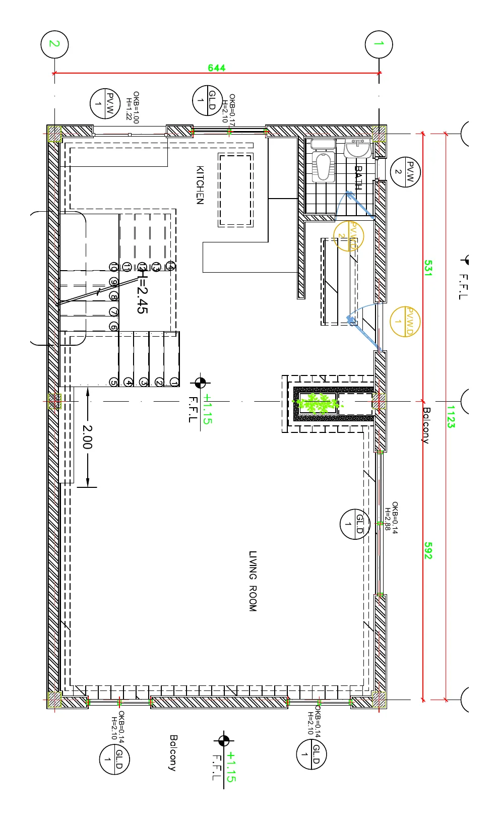Floor plan showing the kitchen, stair, living room and balconies with dimensions and window schedule tags.