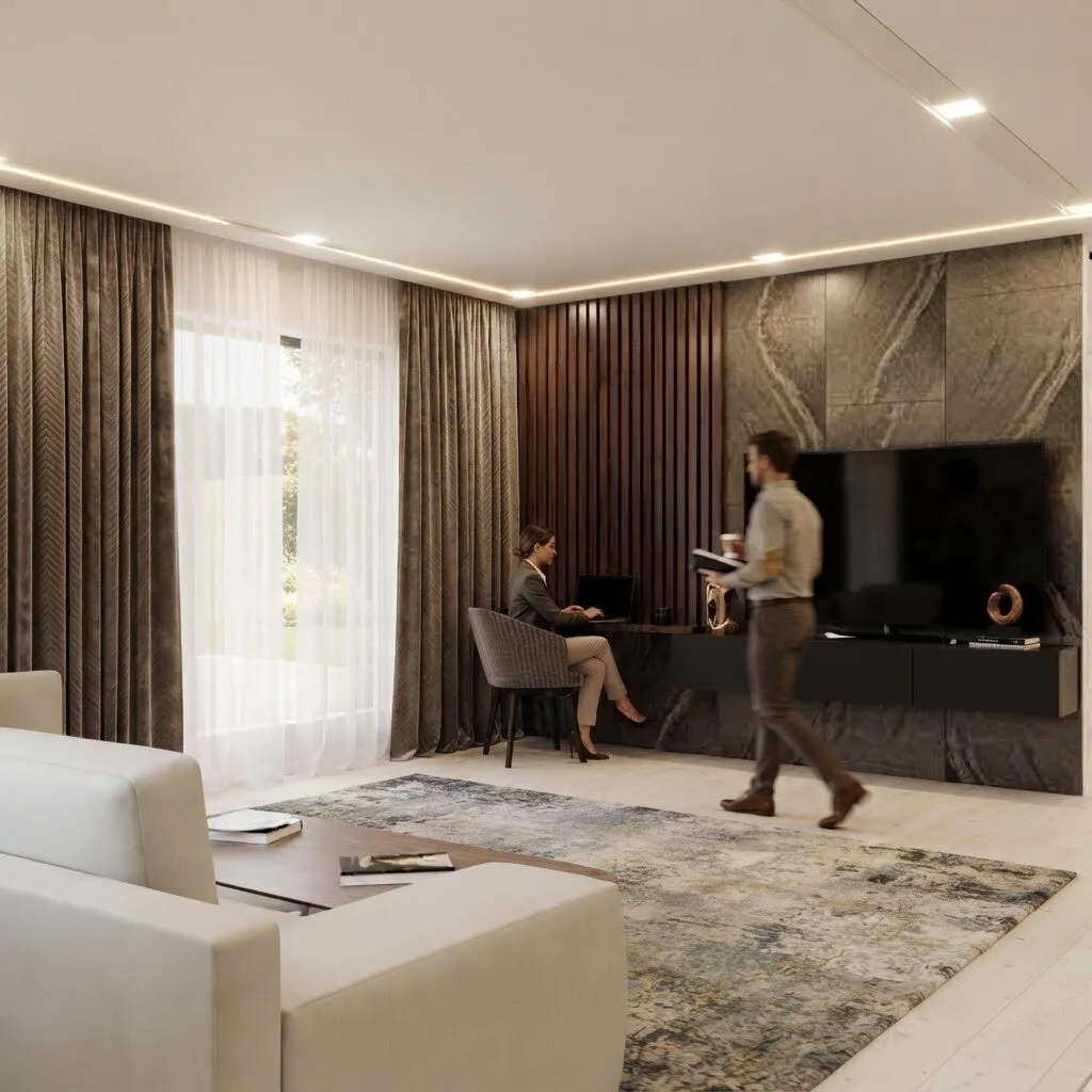 Lounge and dining area with dark timber panelling and a patterned rug.
