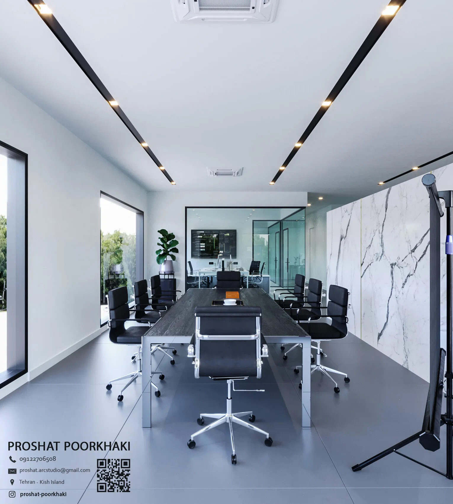 Meeting room with a long table, white chairs and a marble wall.