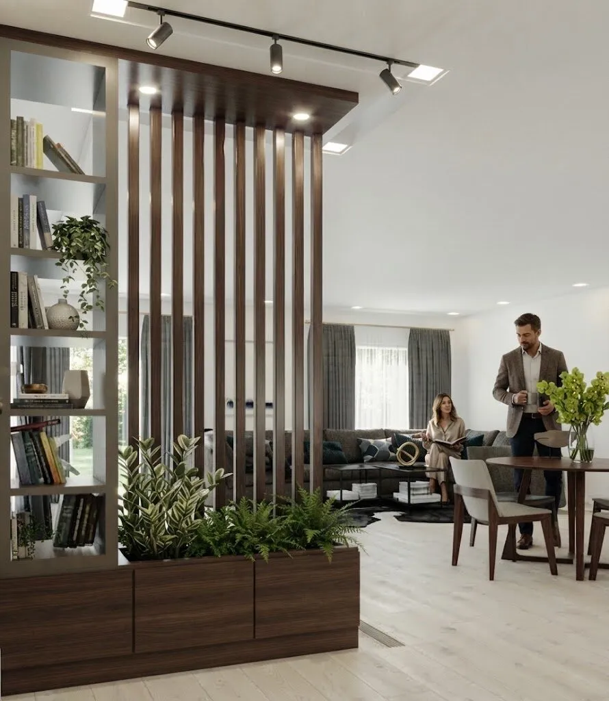 Timber slat partition with built-in shelving and a planter, dividing the living and dining spaces.