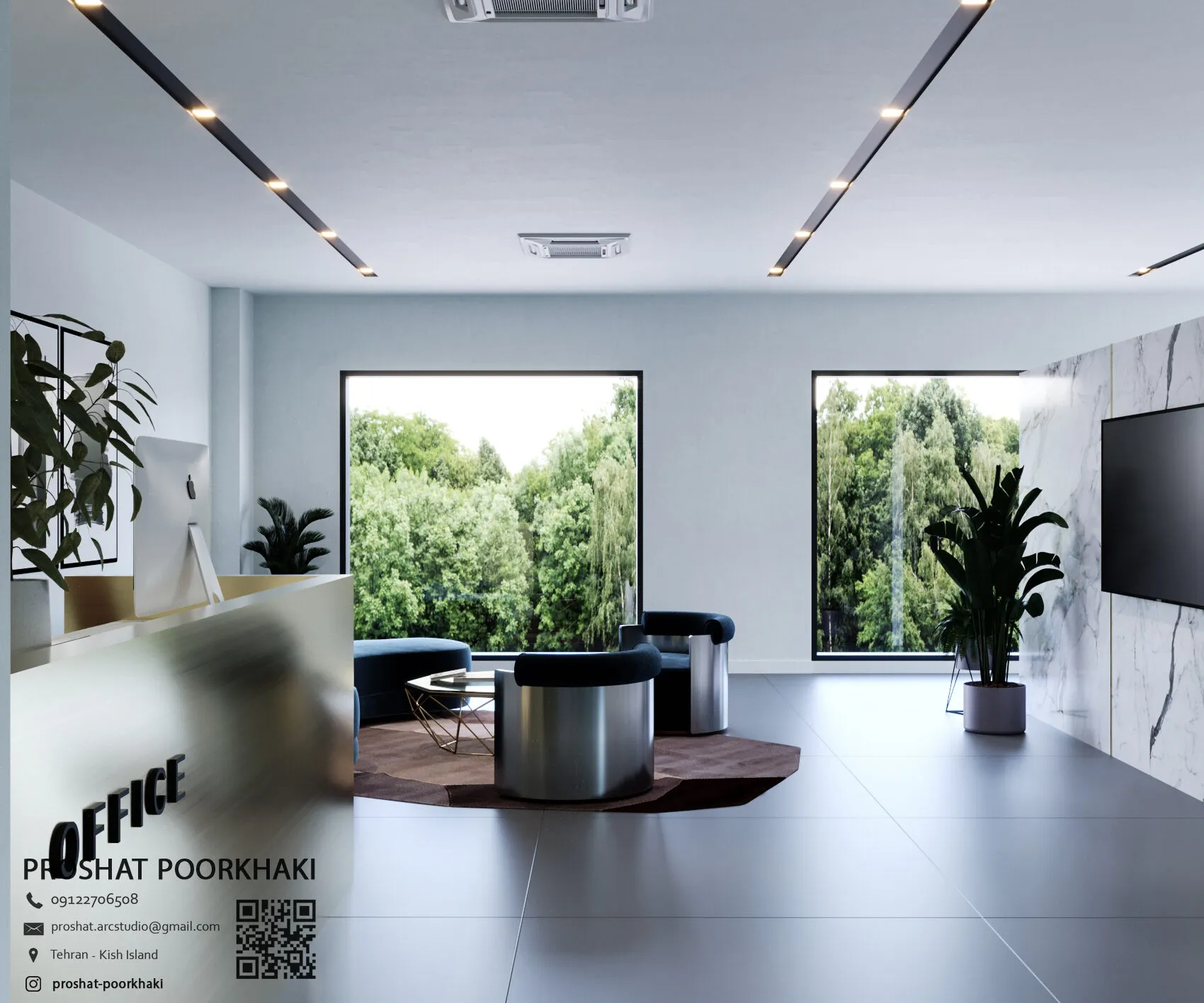 Reception with a frosted-glass desk, a seating group and large windows onto greenery.
